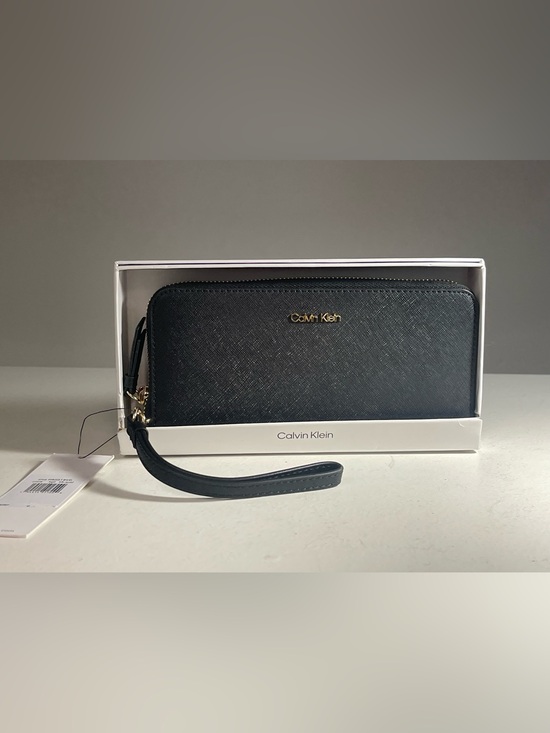 Calvin Klein Handbags - NWT Calvin Klein Saffiano Leather Zip Around Wallet Wristlet Black Gold Boxed